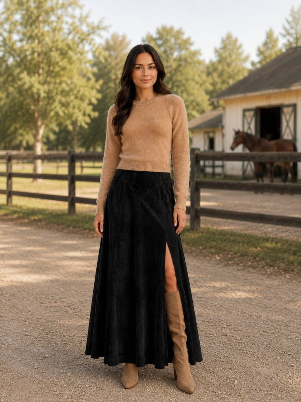 Vintage Postiano Genuine Leather Black Suede Maxi Skirt Size Small Front Slit Bo